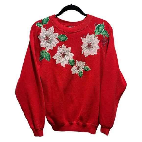 Vintage Hanes Large Holiday Poinsettia Design Christmas Grandma Sweatshirt - Picture 1 of 11